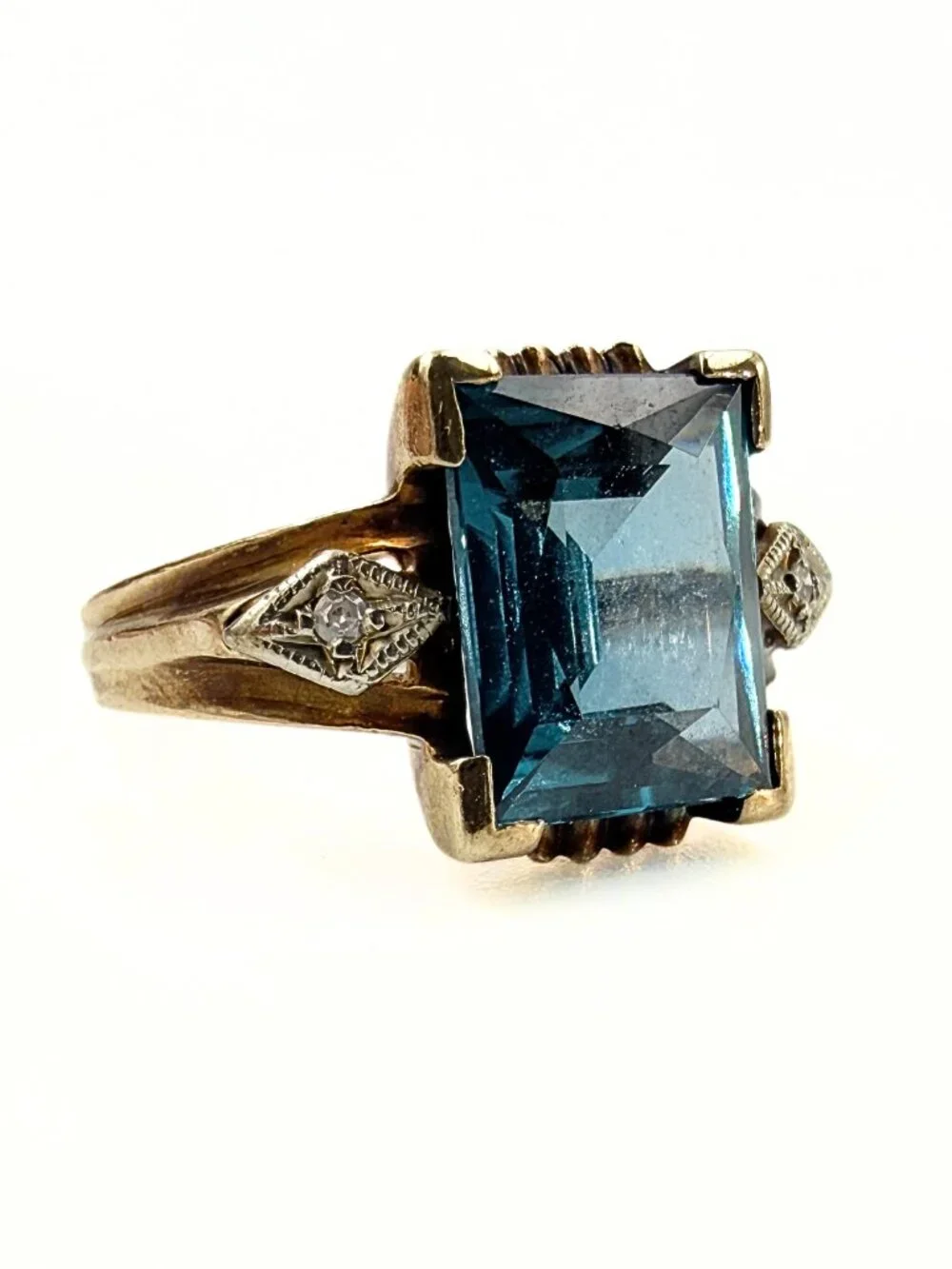 Antique Art Deco Signed 10K Emerald Cut Blue Topaz Diamond Ring Sz 4